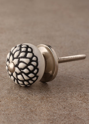 Stylish White Ceramic Dresser Knob With Black Floral Print