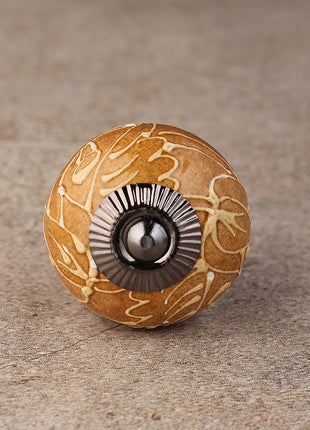 Brown Ceramic Drawer Knob With Embossed Design