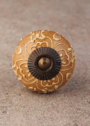 Brown Ceramic Drawer Knob With Embossed Floral Design