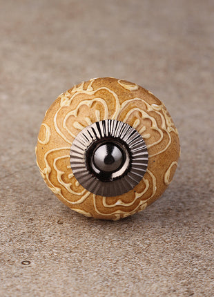 Brown Ceramic Drawer Knob With Embossed Floral Design