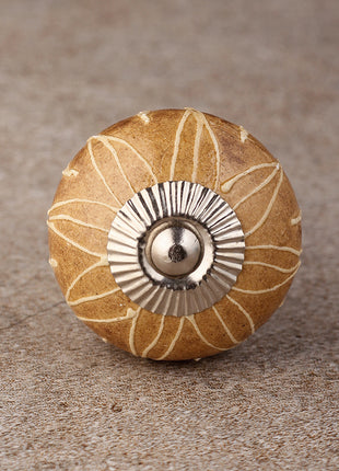 Elegant Brown Ceramic Drawer Knob With White Embossed Print