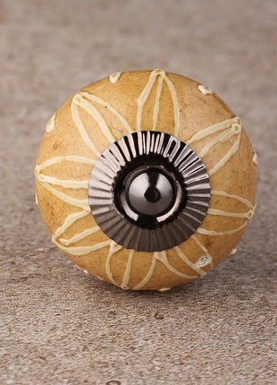 Elegant Brown Ceramic Drawer Knob With White Embossed Print