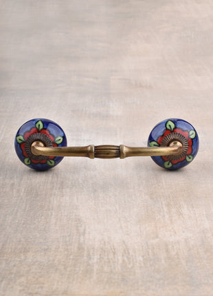 Elegant Blue Ceramic Cabinet Pull With Green Leaves And Red Flowers