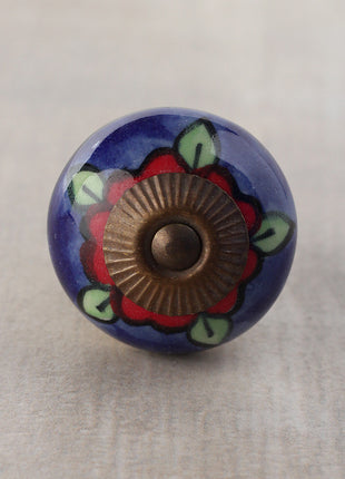 Elegant Blue Ceramic Cabinet Knob With Green Leaves And Red Flowers