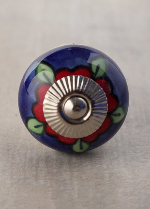 Elegant Blue Ceramic Cabinet Knob With Green Leaves And Red Flowers