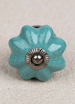 Cracked Teal Shade Flower Shaped Ceramic Drawer Knob
