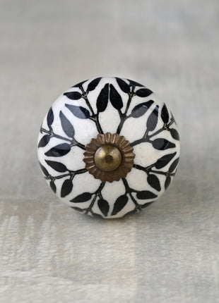 Stylish White Ceramic Kitchen Cabinet Knob With Black Leaves