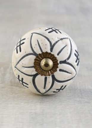 White Round Ceramic Embossed Door Knob With Black Flower