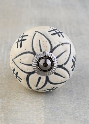 White Round Ceramic Embossed Door Knob With Black Flower