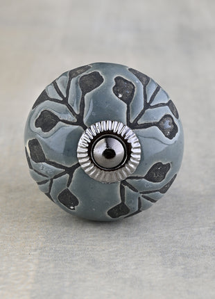 Black Designer Petals on Grey Ceramic Dresser Cabinet Knob