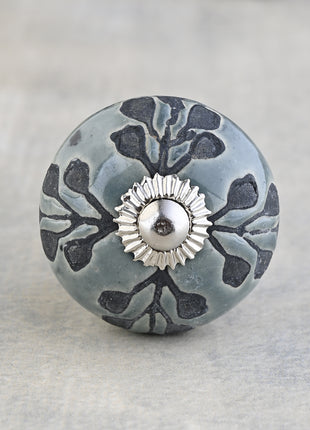 Black Designer Petals on Grey Ceramic Dresser Cabinet Knob