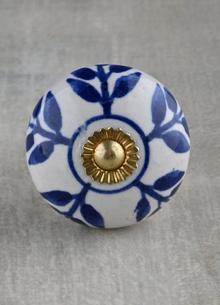 White Ceramic Drawer Cabinet Knob With Blue Petals