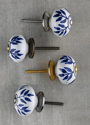 White Ceramic Drawer Cabinet Knob With Blue Petals