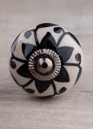 Handmade Round Black Flower Design on Offwhite Kitchen Cabinet Dresser Knob