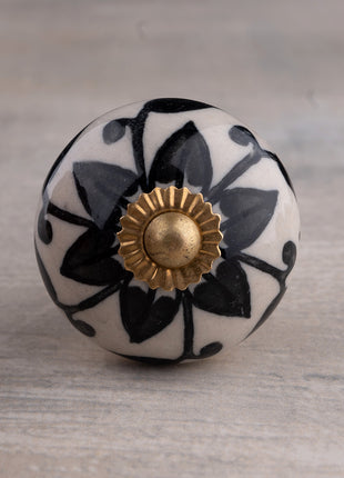 Handmade Round Black Flower Design on Offwhite Kitchen Cabinet Dresser Knob