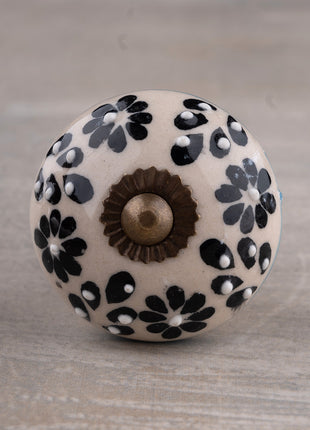 Embossed Handmade Round Black Flower Design on Offwhite Kitchen Cabinet Dresser Knob