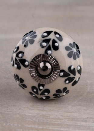 Embossed Handmade Round Black Flower Design on Offwhite Kitchen Cabinet Dresser Knob