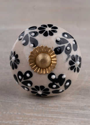 Embossed Handmade Round Black Flower Design on Offwhite Kitchen Cabinet Dresser Knob