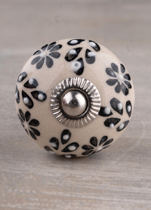 Embossed Handmade Round Black Flower Design on Offwhite Kitchen Cabinet Dresser Knob