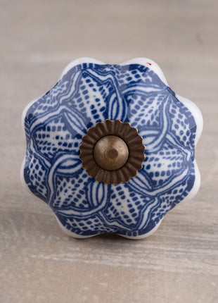 Decorative Round Shape Intricate Blue Floral Pattern On White Base Kitchen Cabinet Dresser Drawer Knob