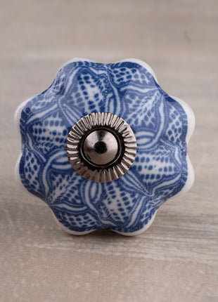 Decorative Round Shape Intricate Blue Floral Pattern On White Base Kitchen Cabinet Dresser Drawer Knob