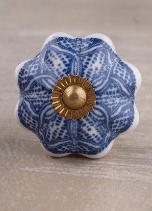 Decorative Round Shape Intricate Blue Floral Pattern On White Base Kitchen Cabinet Dresser Drawer Knob