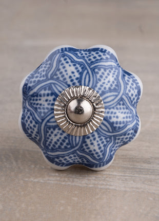 Decorative Round Shape Intricate Blue Floral Pattern On White Base Kitchen Cabinet Dresser Drawer Knob