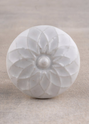 Handmade Round White Embossed Floral Design Ceramic Knob