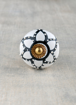 Designer Black Flower On White Ceramic Bathroom Cabinet Knob