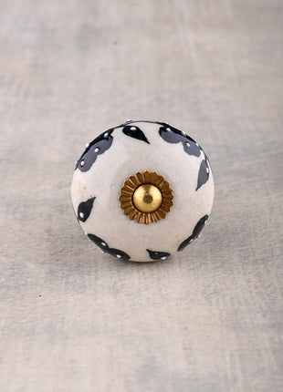 White Base Ceramic Door Knob With Black Floral Print