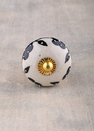 White Base Ceramic Door Knob With Black Floral Print