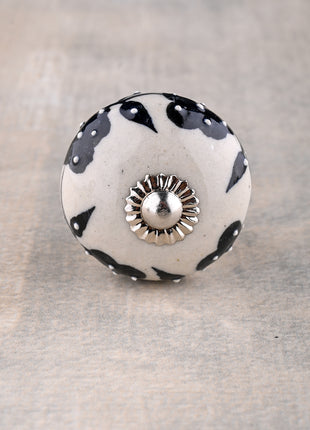 White Base Ceramic Door Knob With Black Floral Print