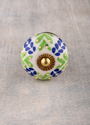 Green And Blue Designer Petals On White Ceramic Drawer Cabinet Knob