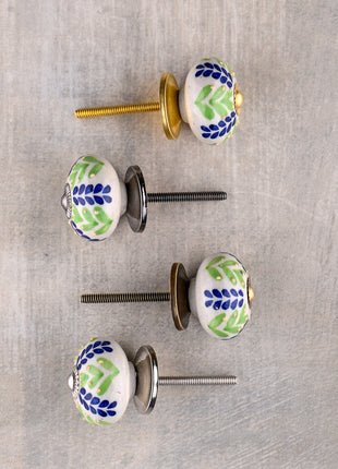 Green And Blue Designer Petals On White Ceramic Drawer Cabinet Knob