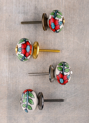 Designer White Ceramic Kitchen Cabinet Knob With Multicolor Floral Print