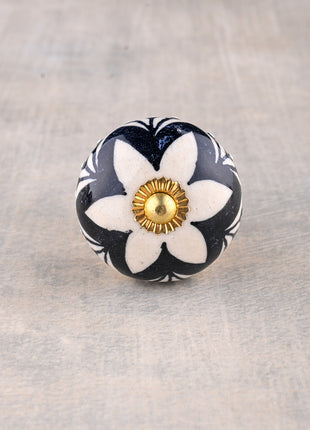White Round Ceramic Dresser Knob With Black Floral Print