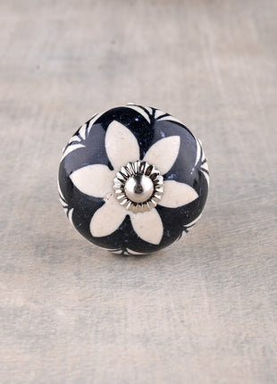 White Round Ceramic Dresser Knob With Black Floral Print