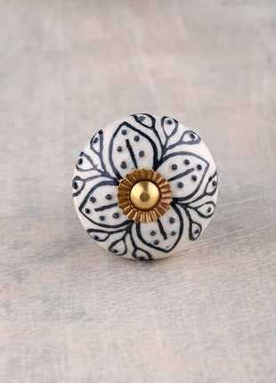 White Ceramic Flower Shaped Drawer Knob With Black Print