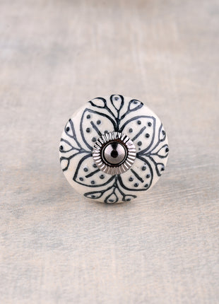 White Ceramic Flower Shaped Drawer Knob With Black Print