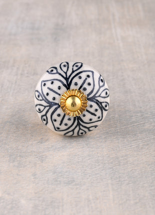 White Ceramic Flower Shaped Drawer Knob With Black Print