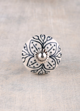 White Ceramic Flower Shaped Drawer Knob With Black Print