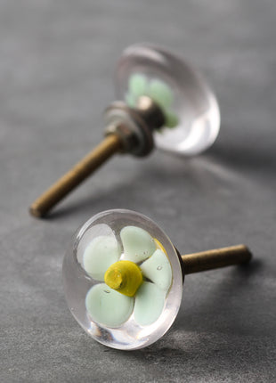 Clear Glass Dresser Cabinet Knob With White And Yellow Flower