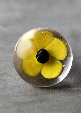 Clear Glass Dresser Cabinet Knob With Black And Yellow Flower