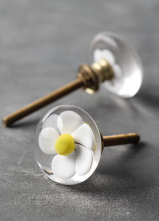 Clear Glass Drawer Cabinet Knob With Yellow And White Flower