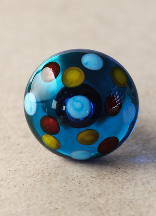 Blue Round Dresser Cabinet Knob With Multicolor Polka-Dots