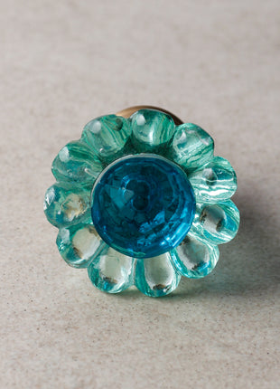 Aqua Blue Daisy Flower Glass Drawer Knob