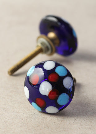Blue Round Drawer Cabinet Knob With Multicolor Polka-Dots