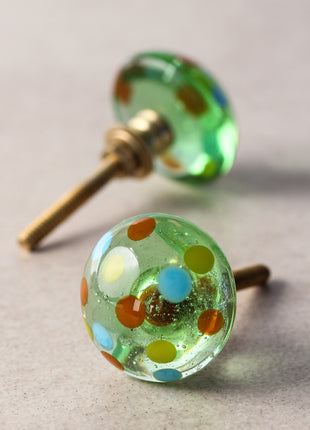 Green Round Glass Door Knob With Multicolor Polka-Dots