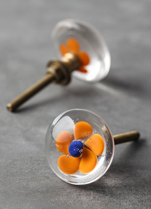Clear Glass Dresser Cabinet Knob With Blue And Orange Flower