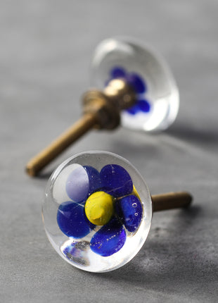 Clear Glass Drawer Cabinet Knob With Blue And Yellow Flower